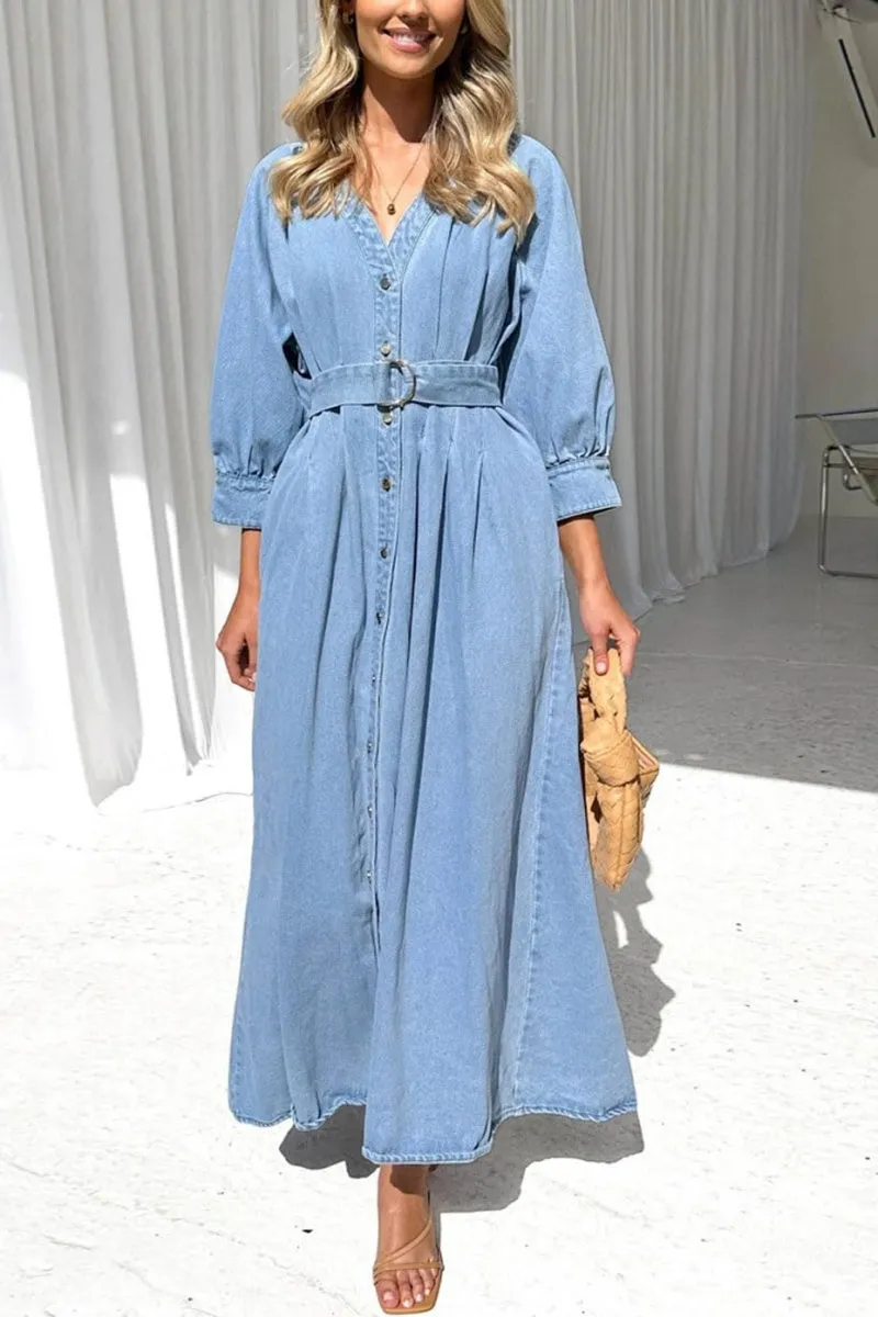 Chouyatou Women's Boho V-Neck Button Down Swing Maxi Denim Dress 3/4 Sleeve Casual Belted Long Jean Dress