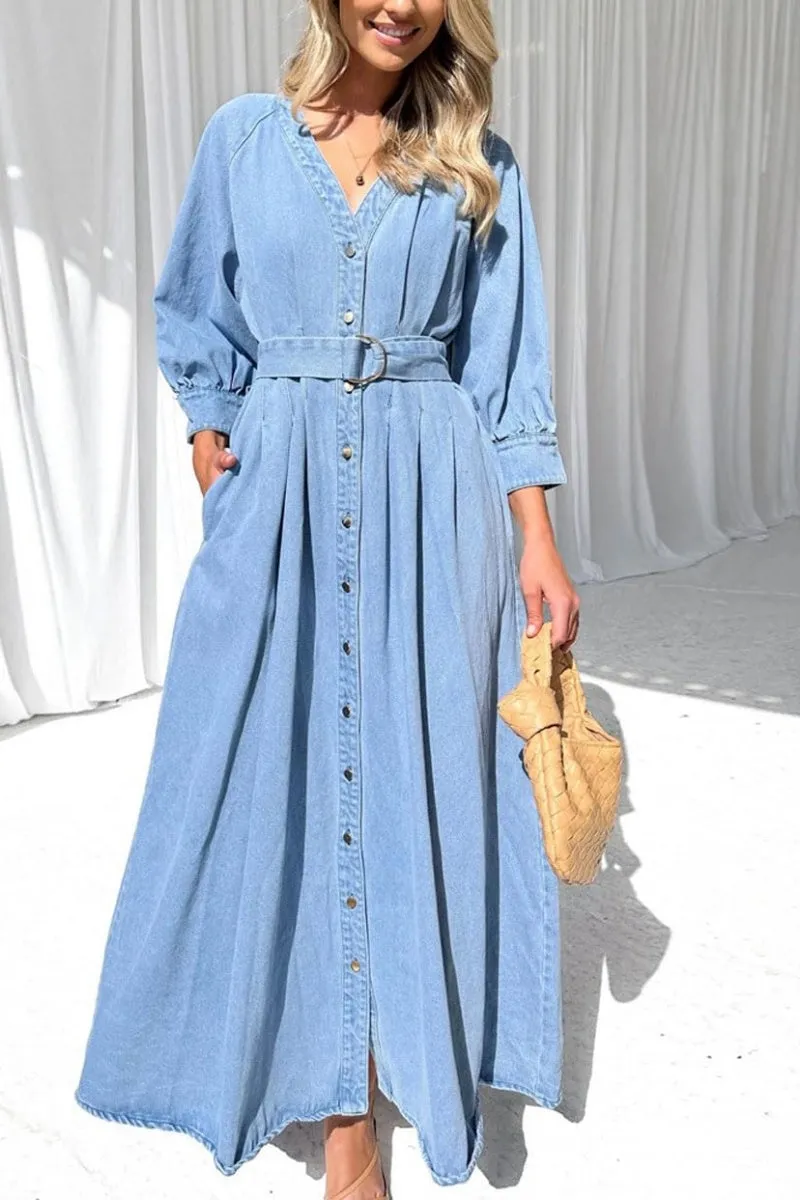 Chouyatou Women's Boho V-Neck Button Down Swing Maxi Denim Dress 3/4 Sleeve Casual Belted Long Jean Dress