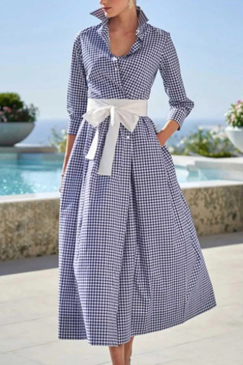 Chouyatou Women's Retro Plaid Button Up Maxi Shirt Dress 3/4 Sleeve Gingham Pocketed Long Dress with Belt