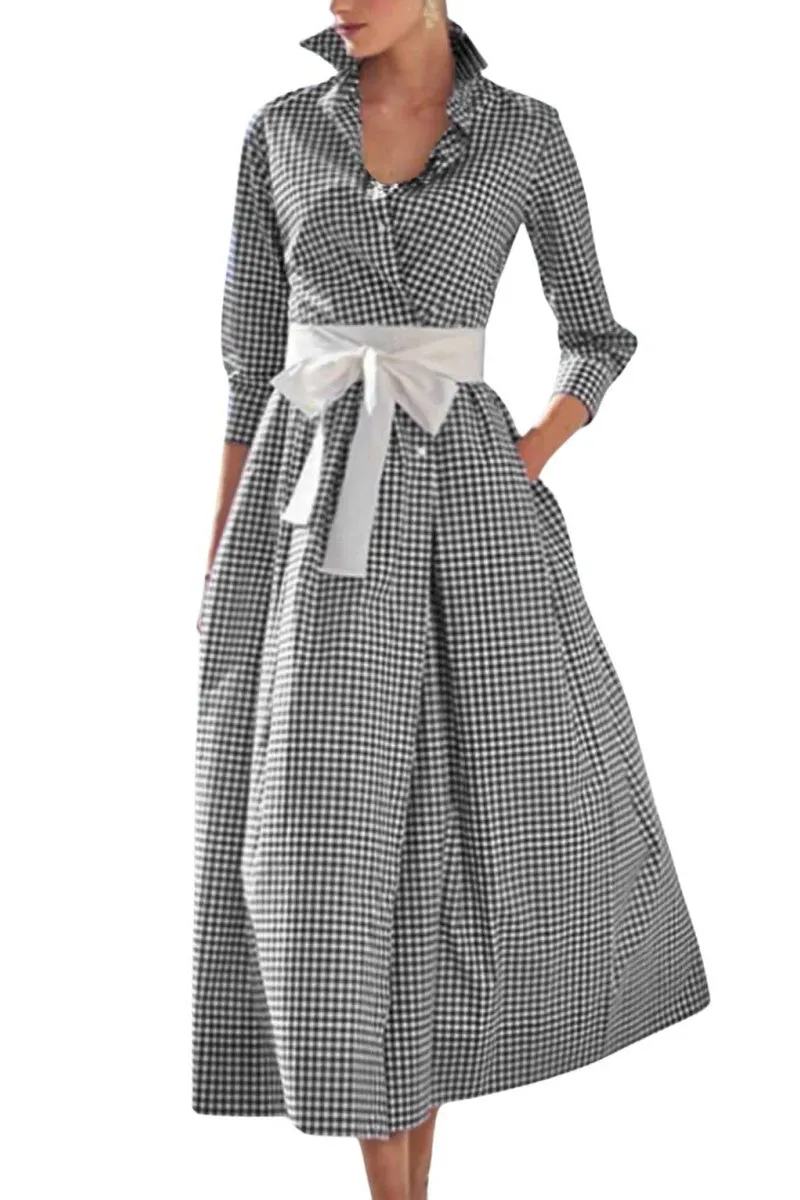 Chouyatou Women's Retro Plaid Button Up Maxi Shirt Dress 3/4 Sleeve Gingham Pocketed Long Dress with Belt