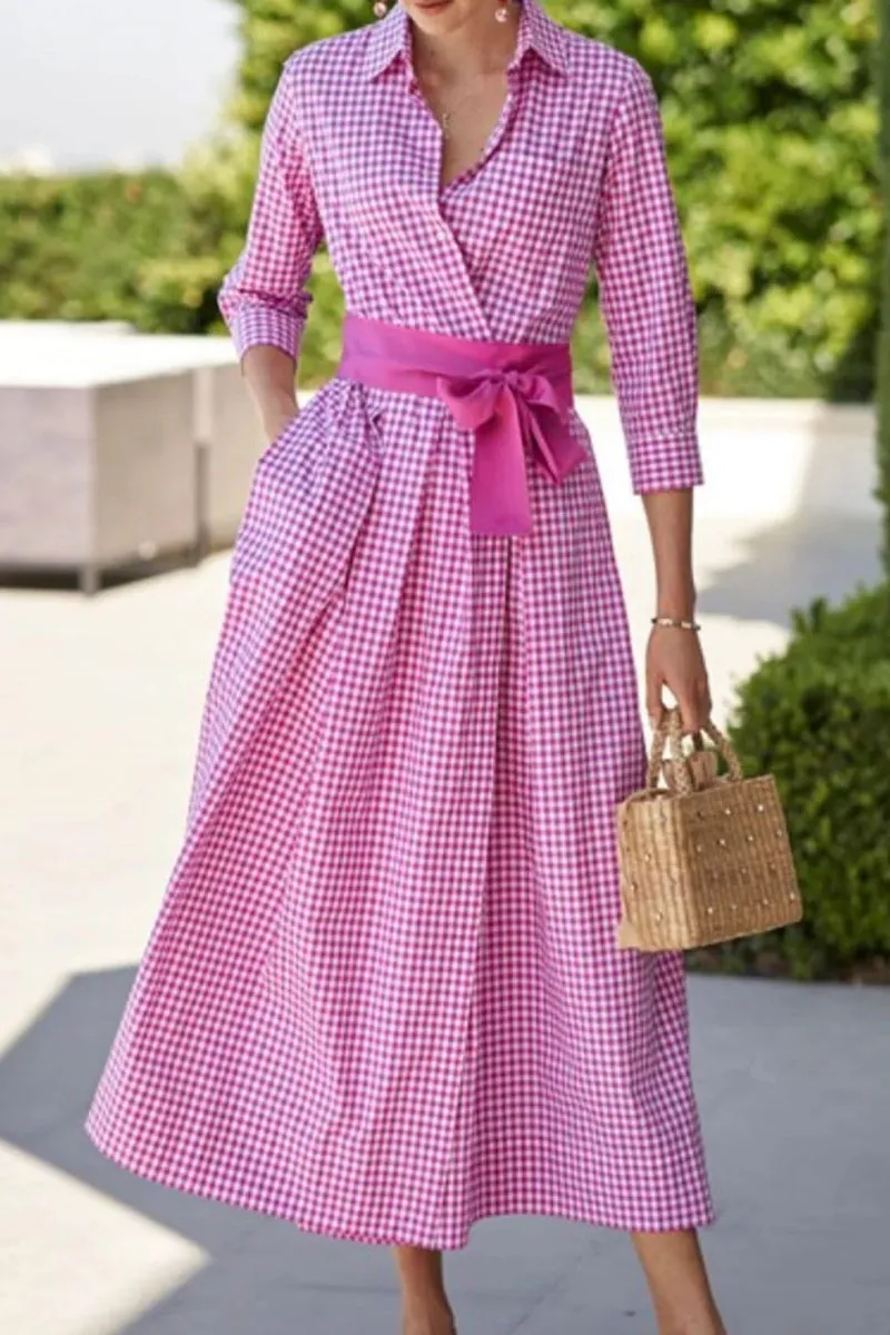 Chouyatou Women's Retro Plaid Button Up Maxi Shirt Dress 3/4 Sleeve Gingham Pocketed Long Dress with Belt