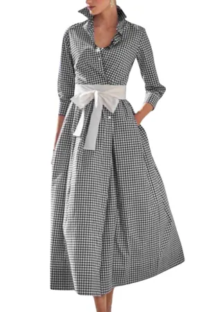Chouyatou Women's Retro Plaid Button Up Maxi Shirt Dress 3/4 Sleeve Gingham Pocketed Long Dress with Belt