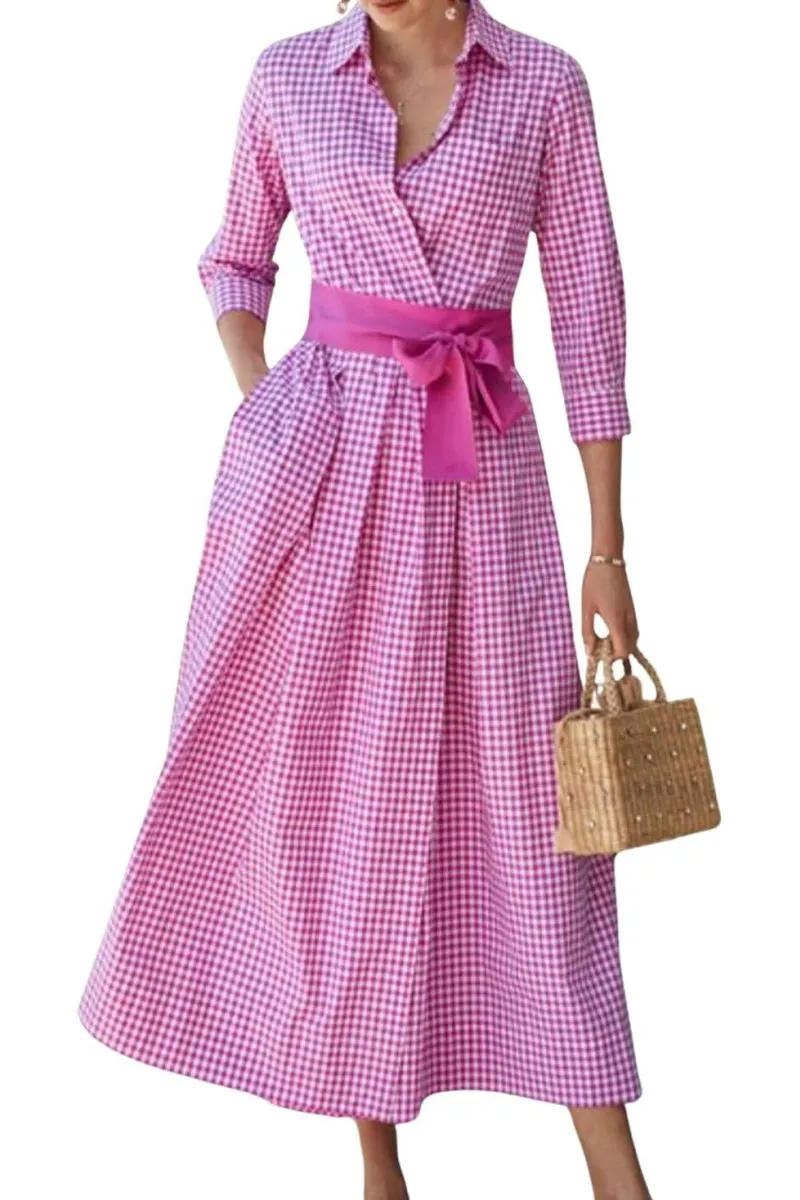 Chouyatou Women's Retro Plaid Button Up Maxi Shirt Dress 3/4 Sleeve Gingham Pocketed Long Dress with Belt