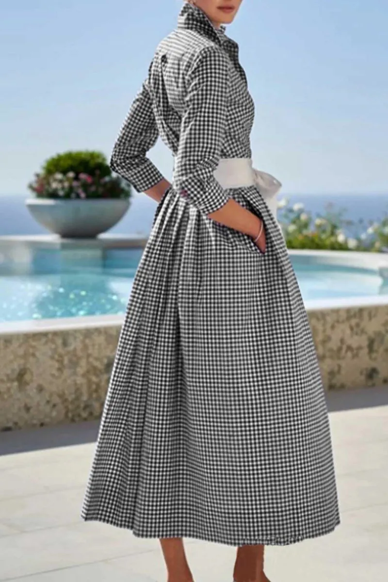 Chouyatou Women's Retro Plaid Button Up Maxi Shirt Dress 3/4 Sleeve Gingham Pocketed Long Dress with Belt
