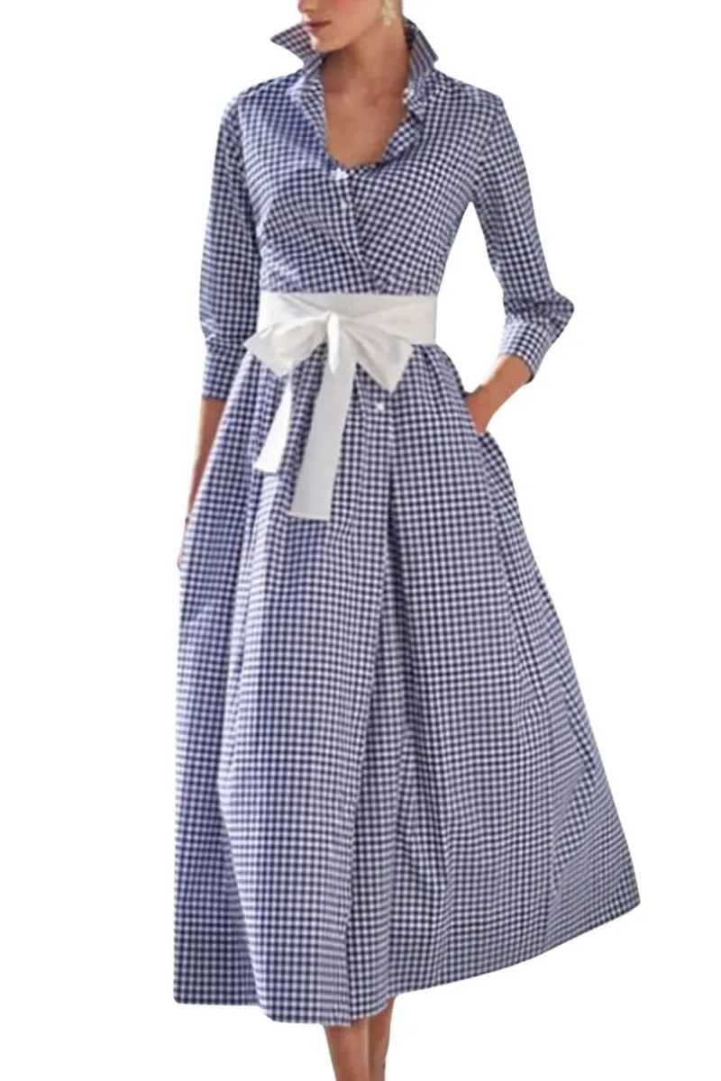 Chouyatou Women's Retro Plaid Button Up Maxi Shirt Dress 3/4 Sleeve Gingham Pocketed Long Dress with Belt