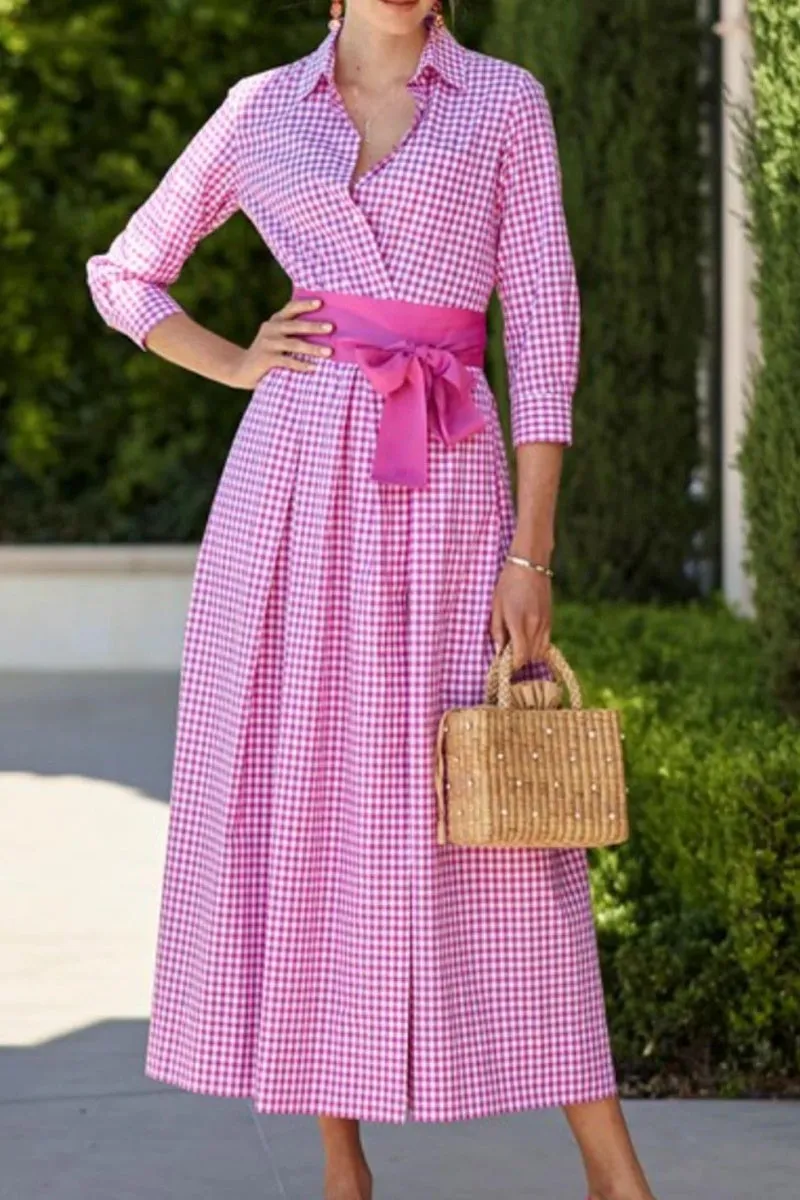 Chouyatou Women's Retro Plaid Button Up Maxi Shirt Dress 3/4 Sleeve Gingham Pocketed Long Dress with Belt