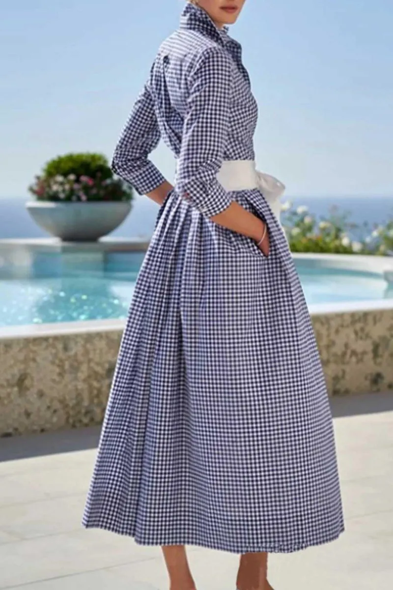 Chouyatou Women's Retro Plaid Button Up Maxi Shirt Dress 3/4 Sleeve Gingham Pocketed Long Dress with Belt