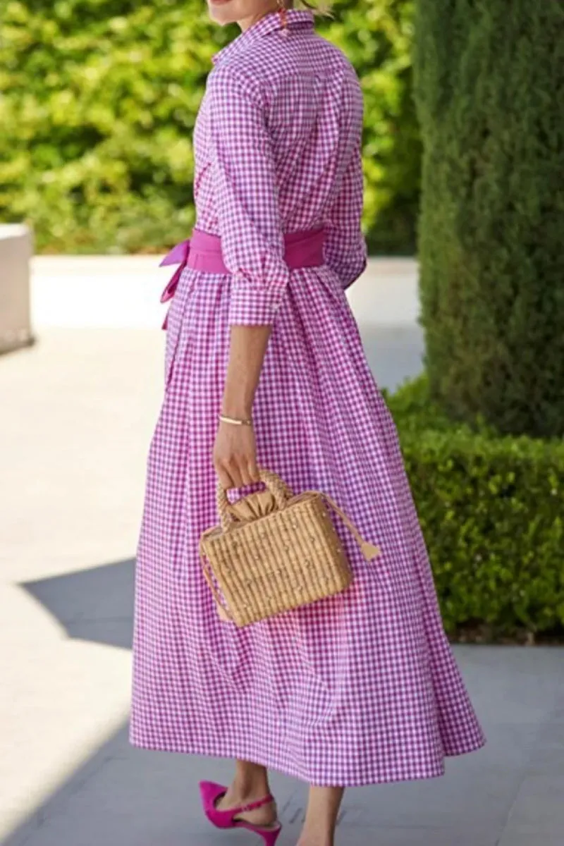 Chouyatou Women's Retro Plaid Button Up Maxi Shirt Dress 3/4 Sleeve Gingham Pocketed Long Dress with Belt