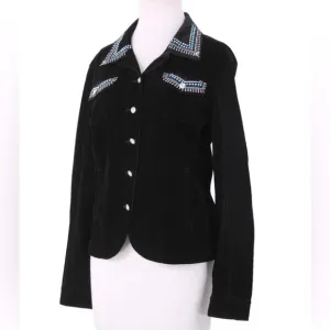 Christine Alexander L Black Velvet Blue Rhinestones Pockets Western Shirt Jacket