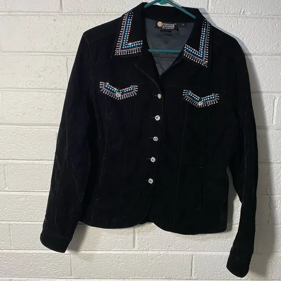 Christine Alexander L Black Velvet Blue Rhinestones Pockets Western Shirt Jacket