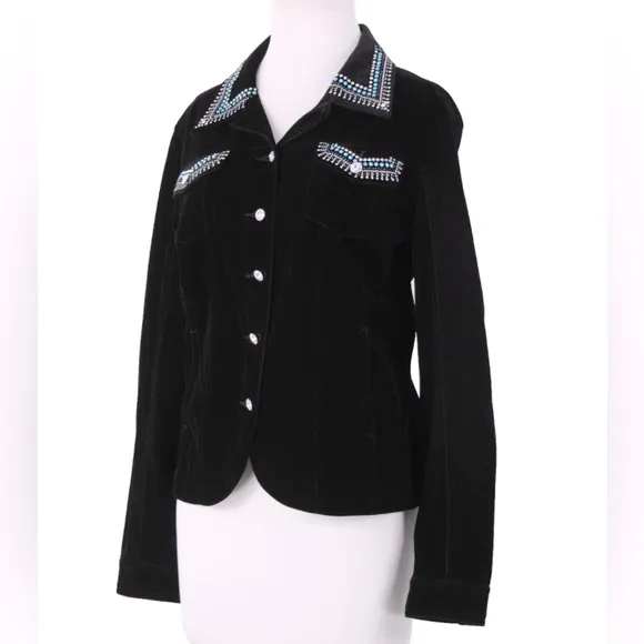 Christine Alexander L Black Velvet Blue Rhinestones Pockets Western Shirt Jacket