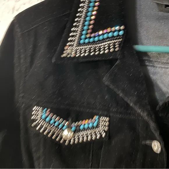 Christine Alexander L Black Velvet Blue Rhinestones Pockets Western Shirt Jacket