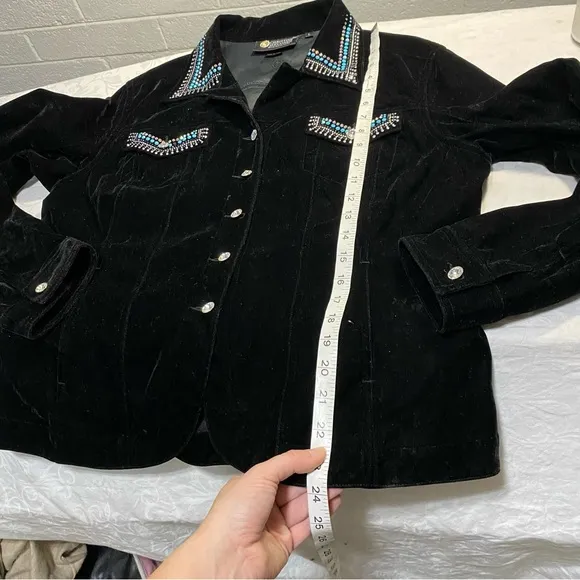 Christine Alexander L Black Velvet Blue Rhinestones Pockets Western Shirt Jacket