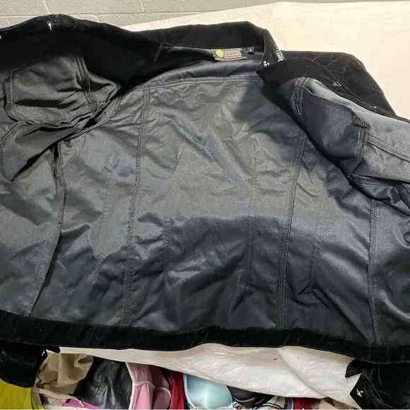 Christine Alexander L Black Velvet Blue Rhinestones Pockets Western Shirt Jacket