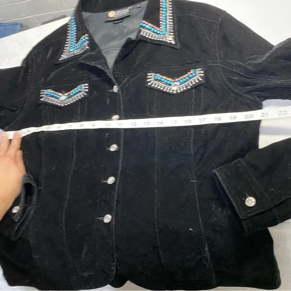 Christine Alexander L Black Velvet Blue Rhinestones Pockets Western Shirt Jacket
