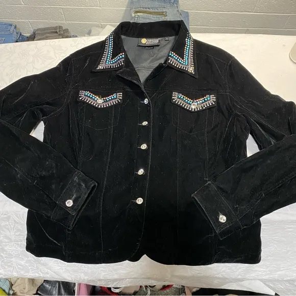 Christine Alexander L Black Velvet Blue Rhinestones Pockets Western Shirt Jacket