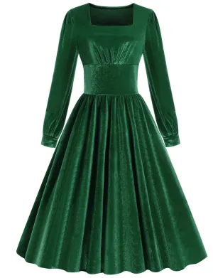 Christmas Green Square Collar Long Sleeve Velvet 1950S Vintage Swing Dress