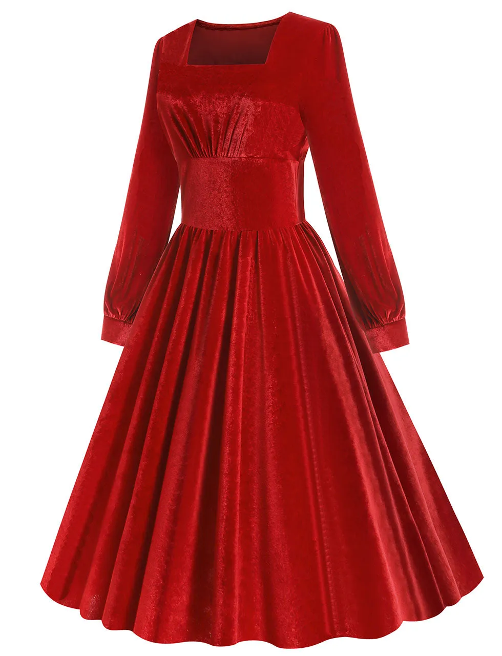 Christmas Green Square Collar Long Sleeve Velvet 1950S Vintage Swing Dress