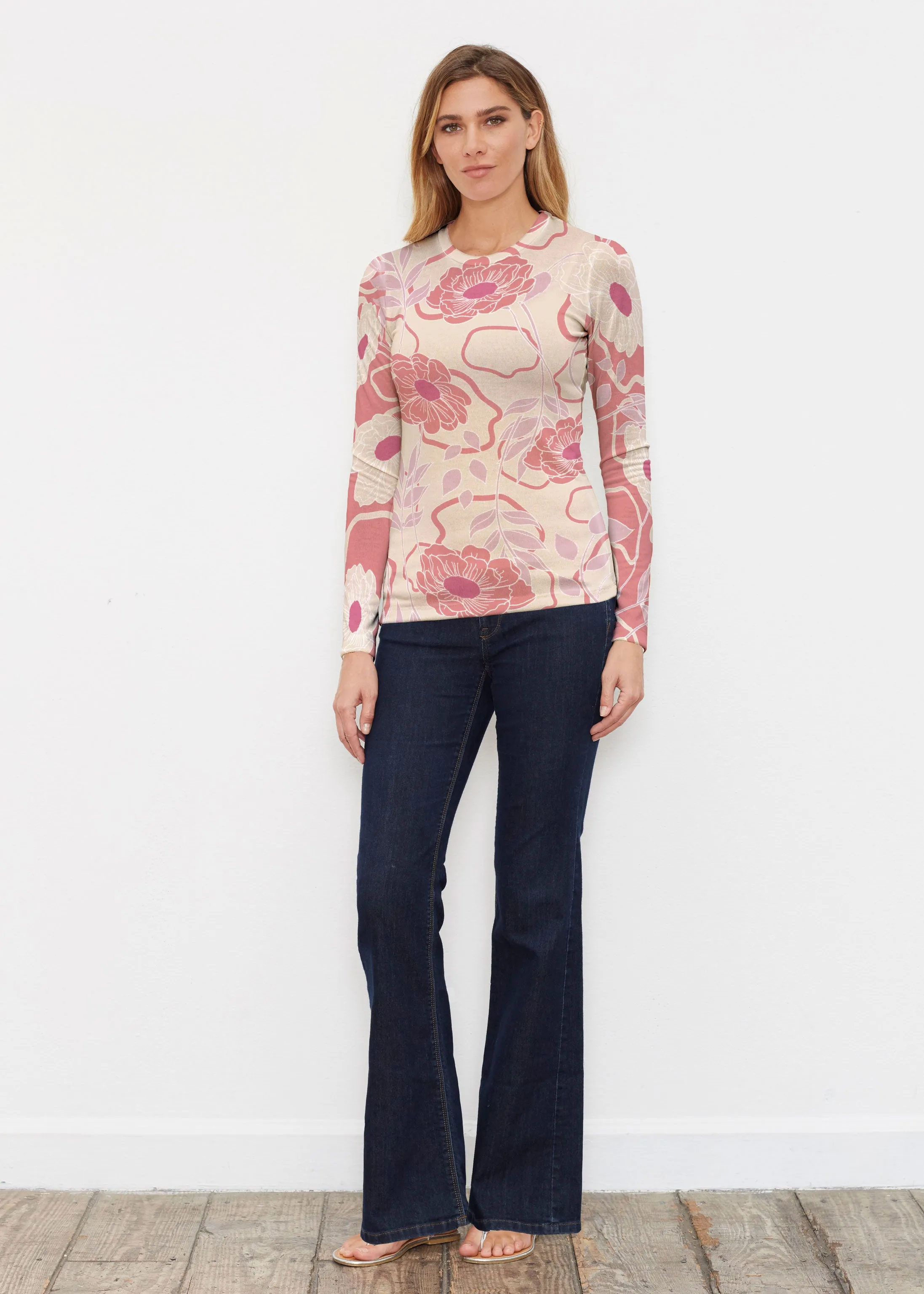 Clarisse Beige/Red (8127) ~ Butterknit Long Sleeve Crew Top