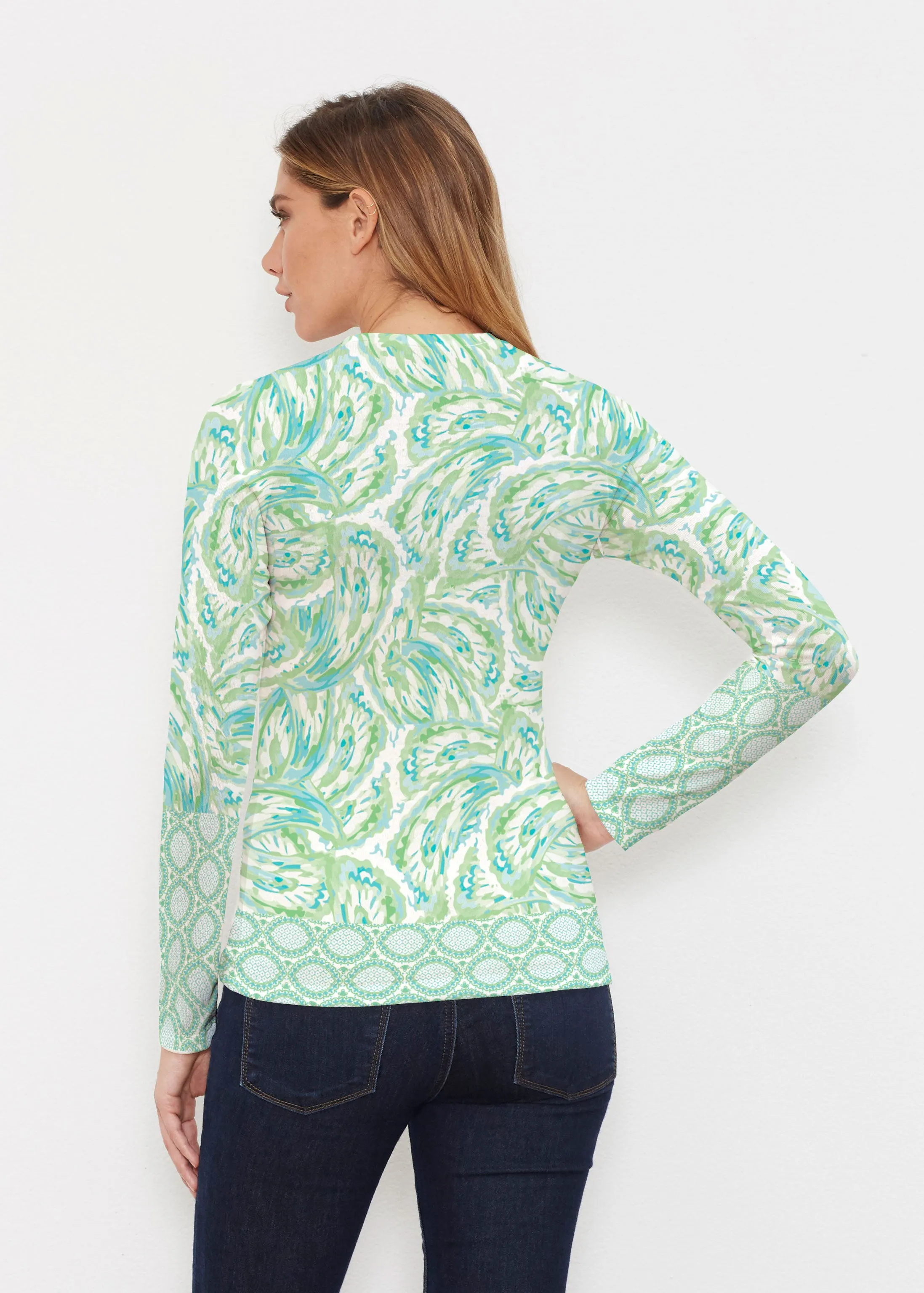 Coastal Paisley Lace Green (7690) ~ Butterknit Long Sleeve V-Neck Top