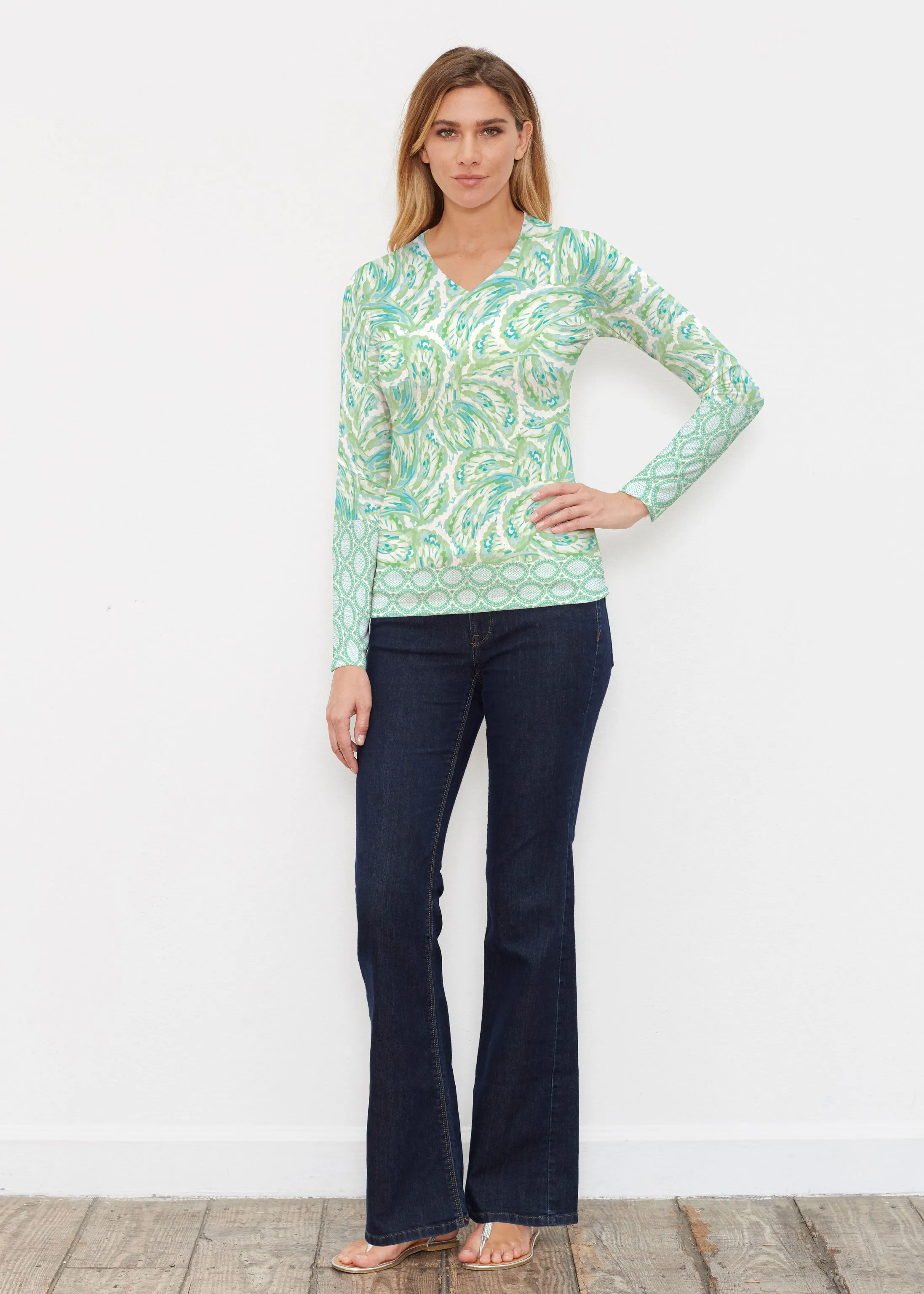 Coastal Paisley Lace Green (7690) ~ Butterknit Long Sleeve V-Neck Top