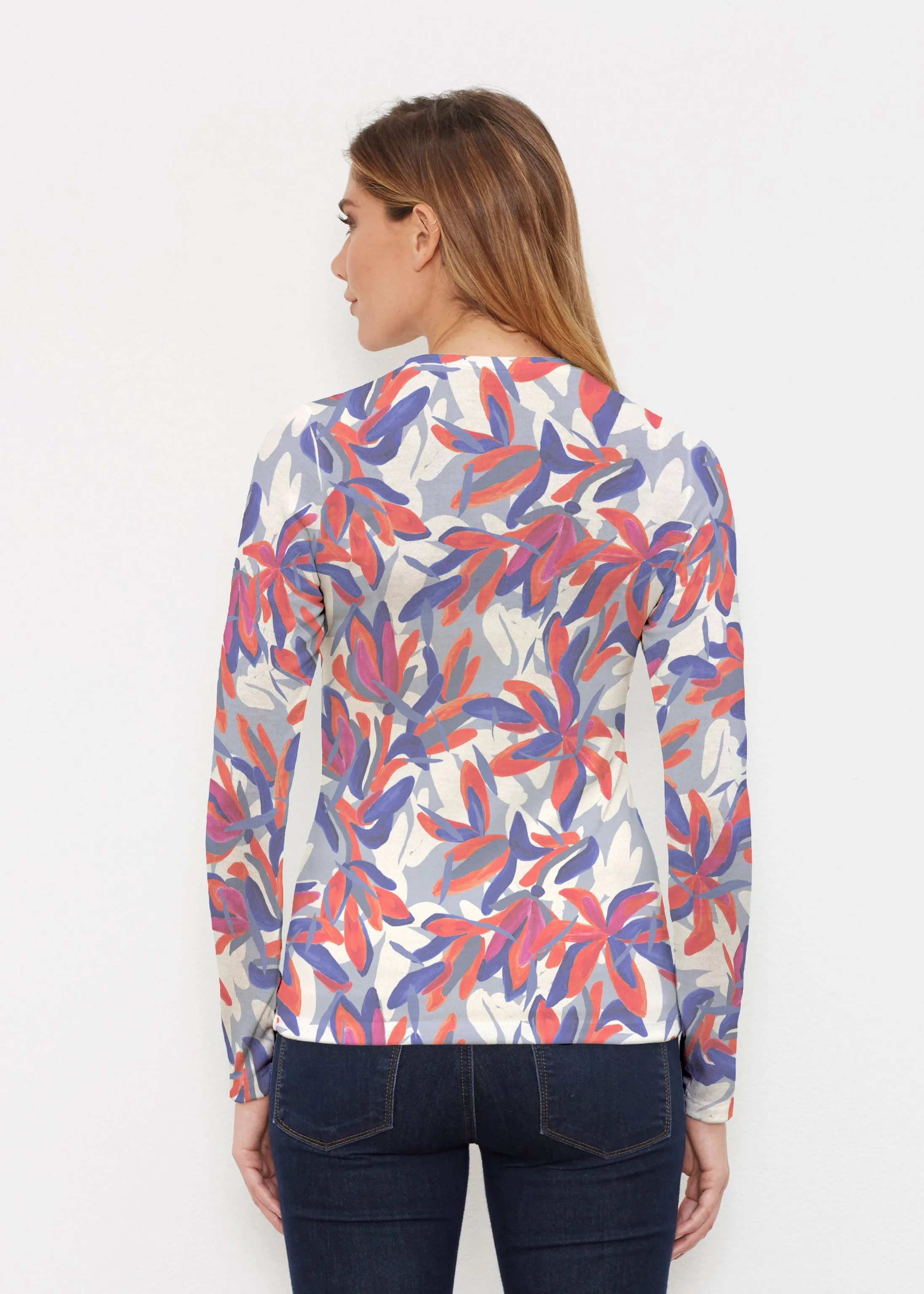 Colorful Palm Blue (7901) ~ Butterknit Long Sleeve Crew Top