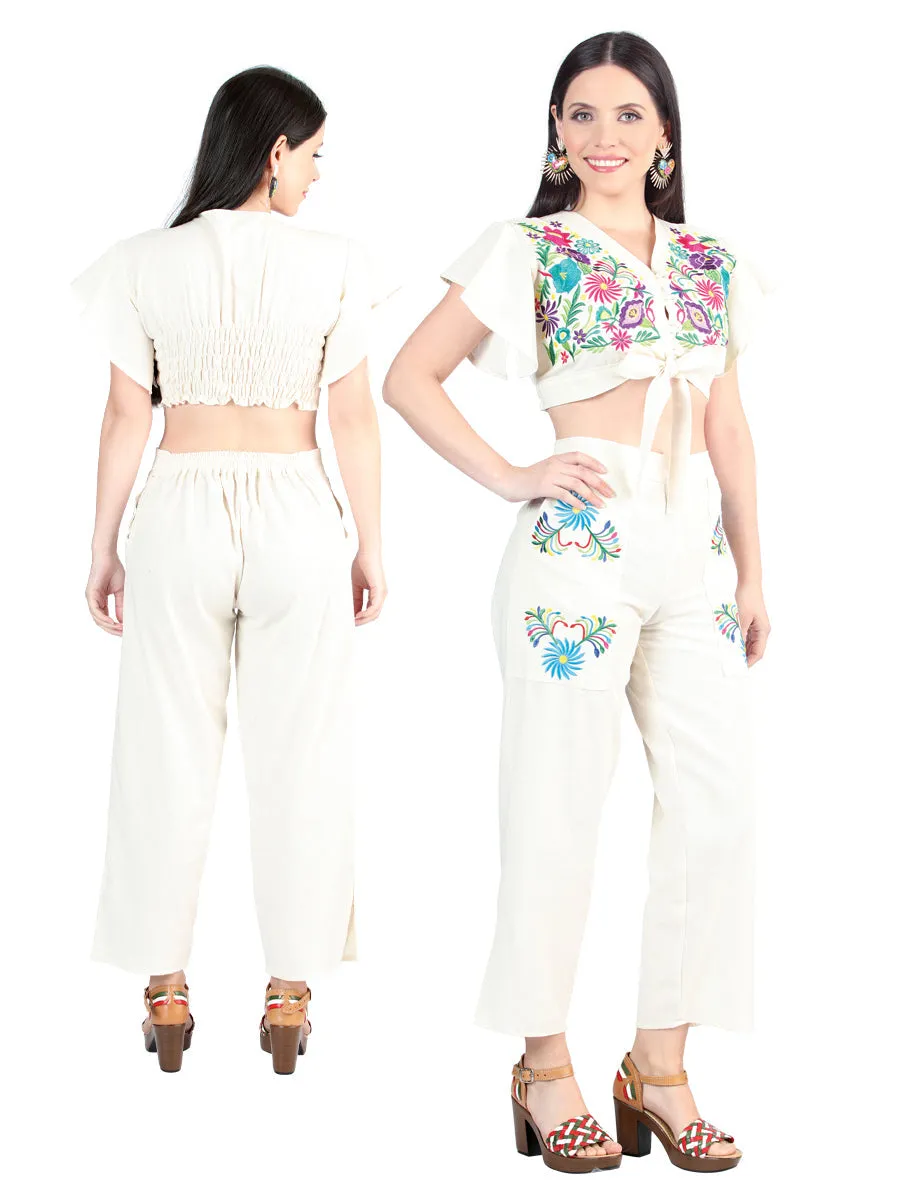 Conjunto Pantalon-Blusa Artesanal Bordado de Flores para Mujer