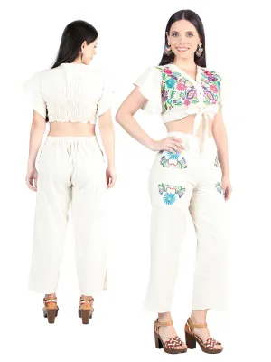 Conjunto Pantalon-Blusa Artesanal Bordado de Flores para Mujer