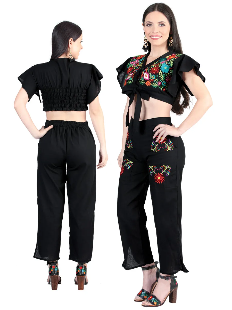 Conjunto Pantalon-Blusa Artesanal Bordado de Flores para Mujer