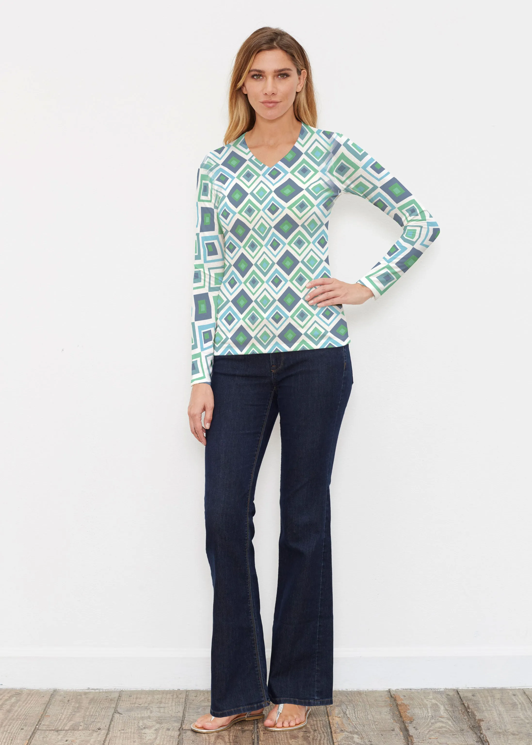 Cubed Blue (7807) ~ Butterknit Long Sleeve V-Neck Top