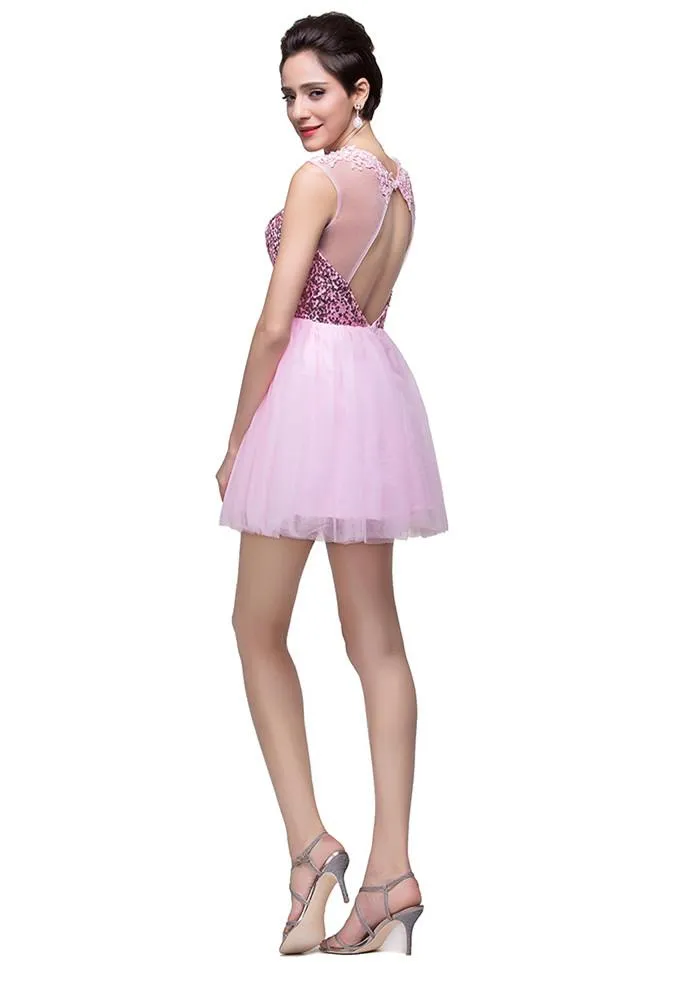 Cute Pink Sequins Sleeveless Homecoming Dress - 319643