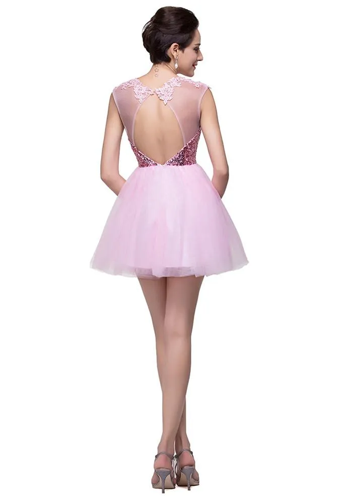 Cute Pink Sequins Sleeveless Homecoming Dress - 319643