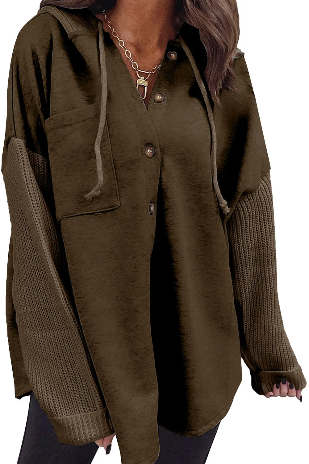 Dark Brown Gray Button Up Contrast Knitted Sleeves Hooded Jacket