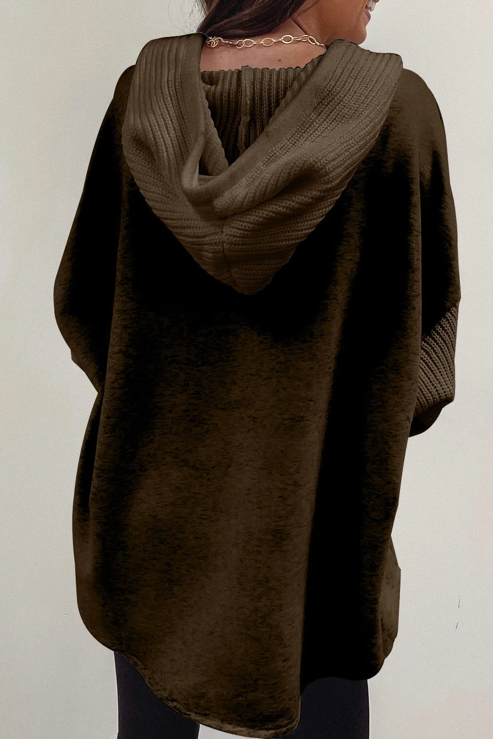 Dark Brown Gray Button Up Contrast Knitted Sleeves Hooded Jacket