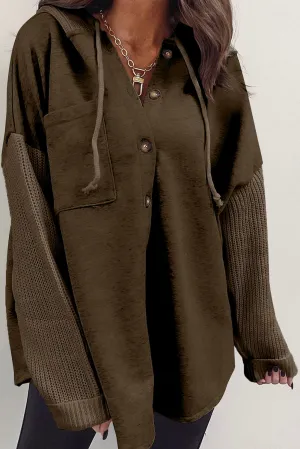 Dark Brown Gray Button Up Contrast Knitted Sleeves Hooded Jacket