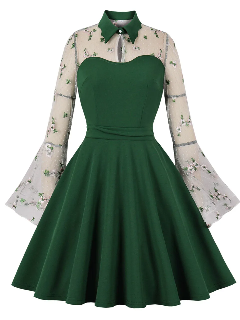 Dark Green Turn Down Flower Embroidered Semi-Sheer 1950S Vintage Dress