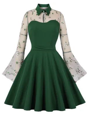 Dark Green Turn Down Flower Embroidered Semi-Sheer 1950S Vintage Dress