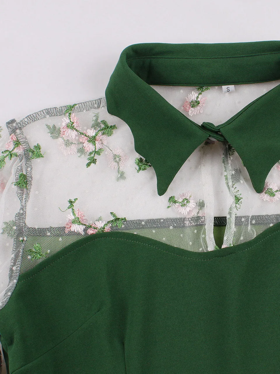 Dark Green Turn Down Flower Embroidered Semi-Sheer 1950S Vintage Dress