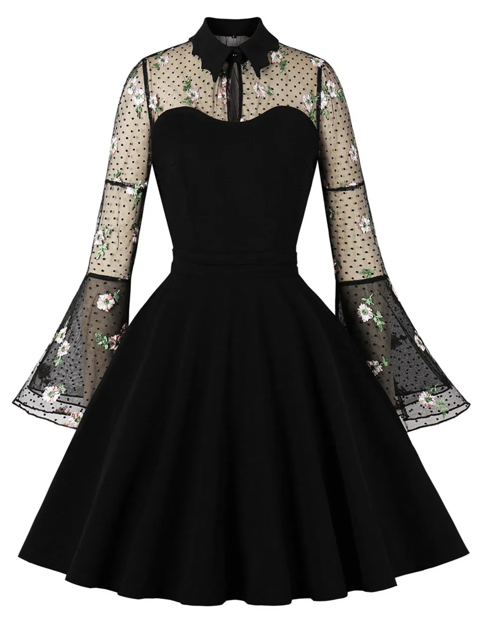 Dark Green Turn Down Flower Embroidered Semi-Sheer 1950S Vintage Dress