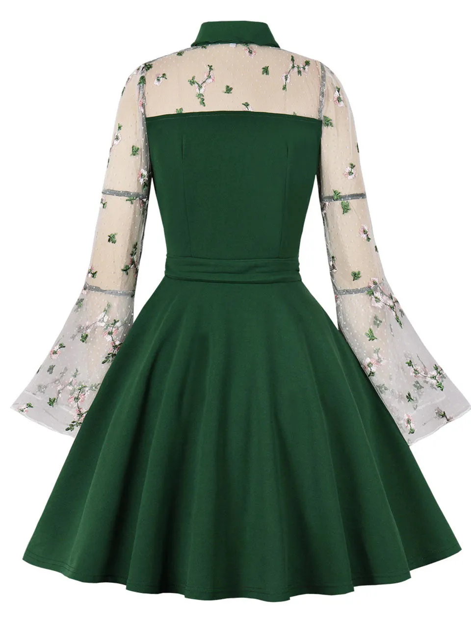 Dark Green Turn Down Flower Embroidered Semi-Sheer 1950S Vintage Dress