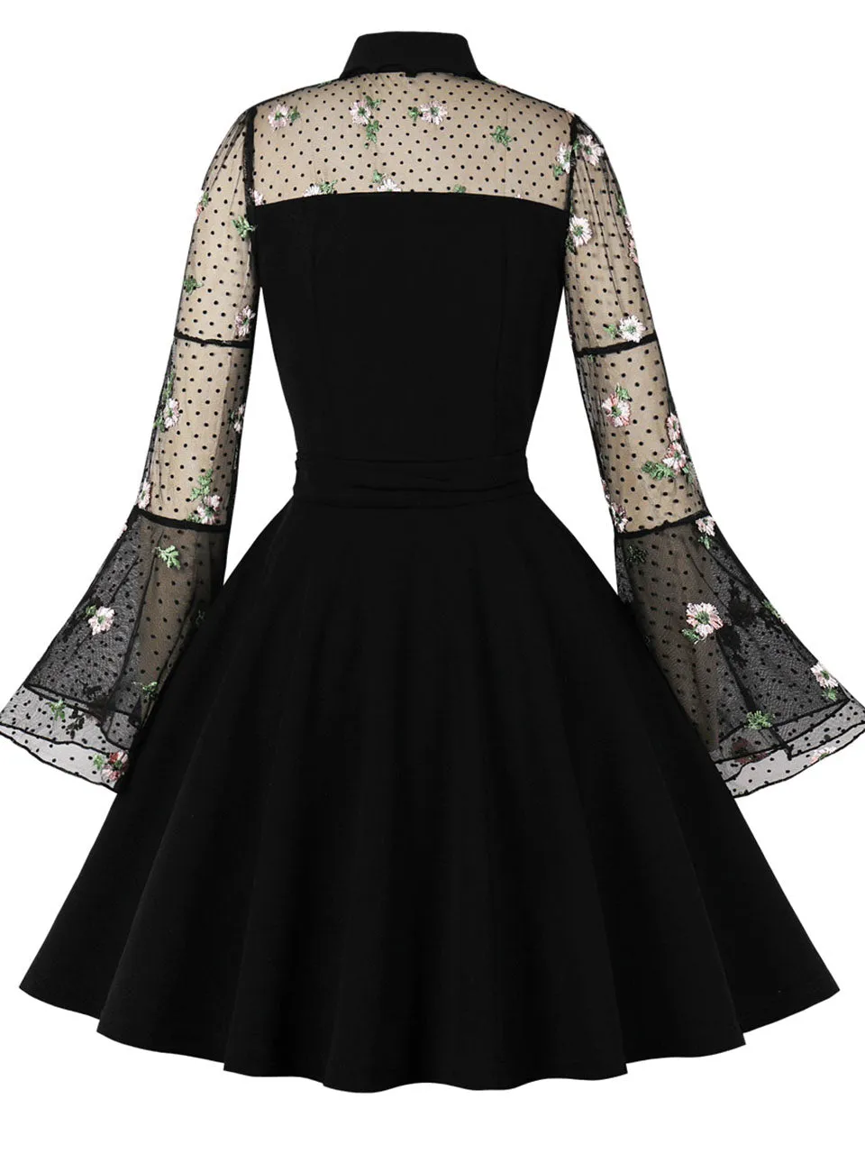 Dark Green Turn Down Flower Embroidered Semi-Sheer 1950S Vintage Dress