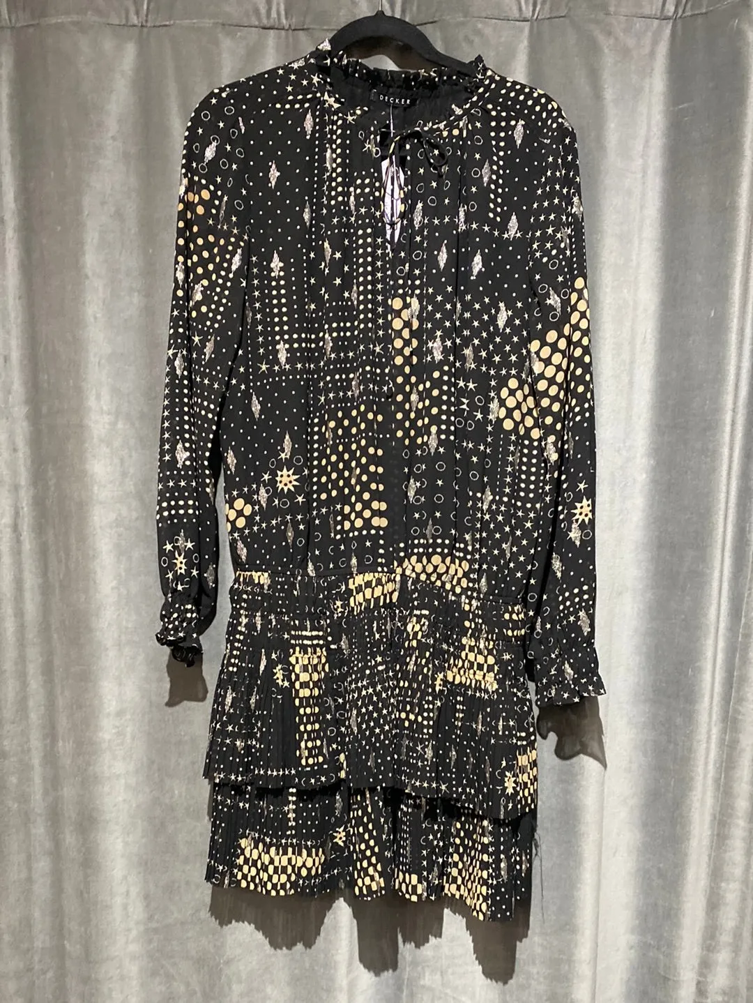 DECKER Black Long Sleeve Dress with Rose Gold Shine, Stars and Dots in Beige