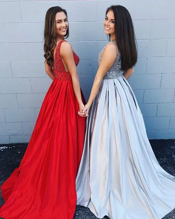 Delicate V-Neck Red Prom Dresses Satin Beaded Sequins 2019 Fashion Long Party Dress