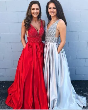Delicate V-Neck Red Prom Dresses Satin Beaded Sequins 2019 Fashion Long Party Dress