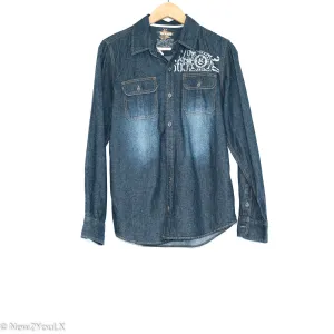 Denim Blue with White Graphic Button Up Shirt (Epic Threads)