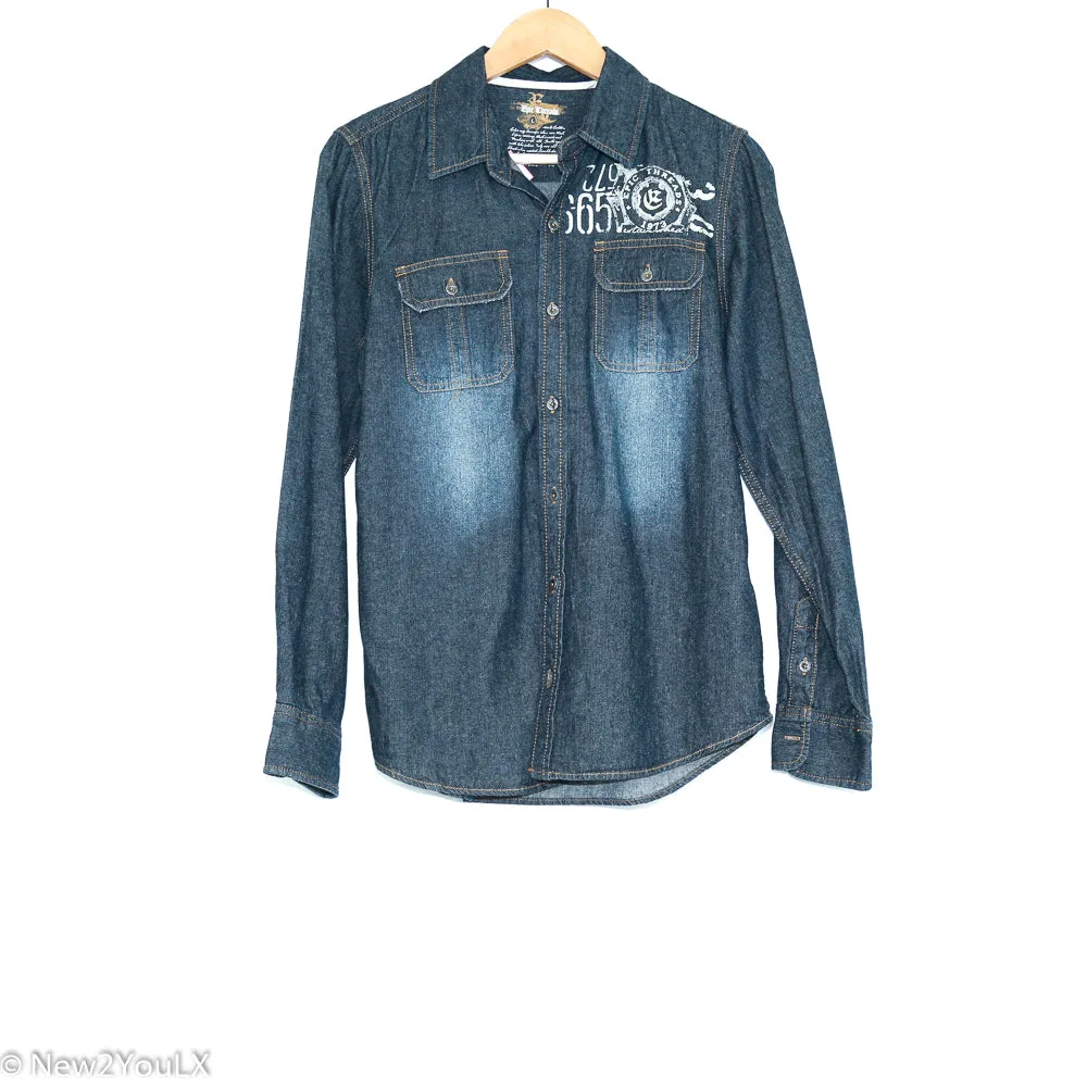 Denim Blue with White Graphic Button Up Shirt (Epic Threads)