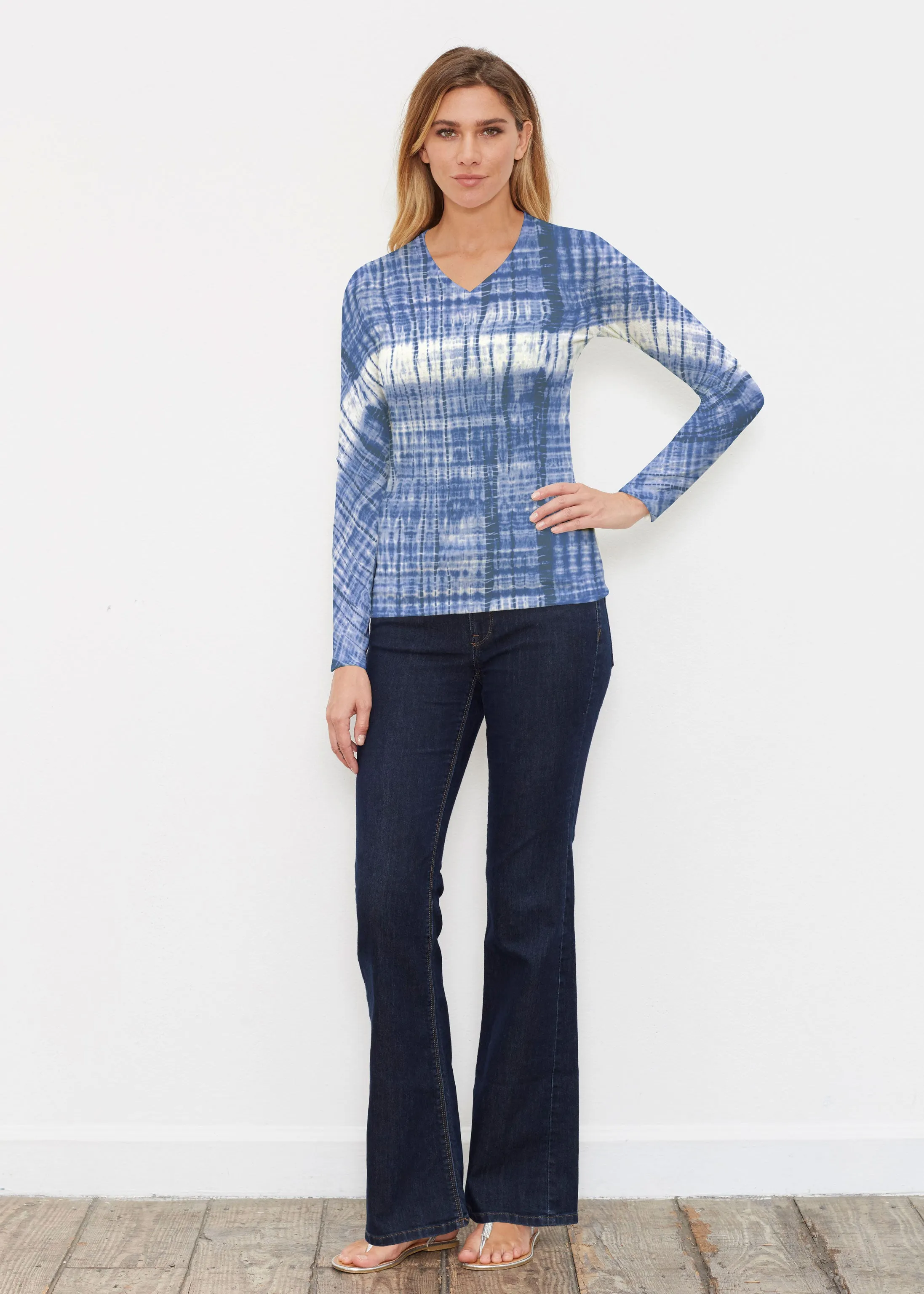 Denim Tie Dye (14230) ~ Butterknit Long Sleeve V-Neck Top