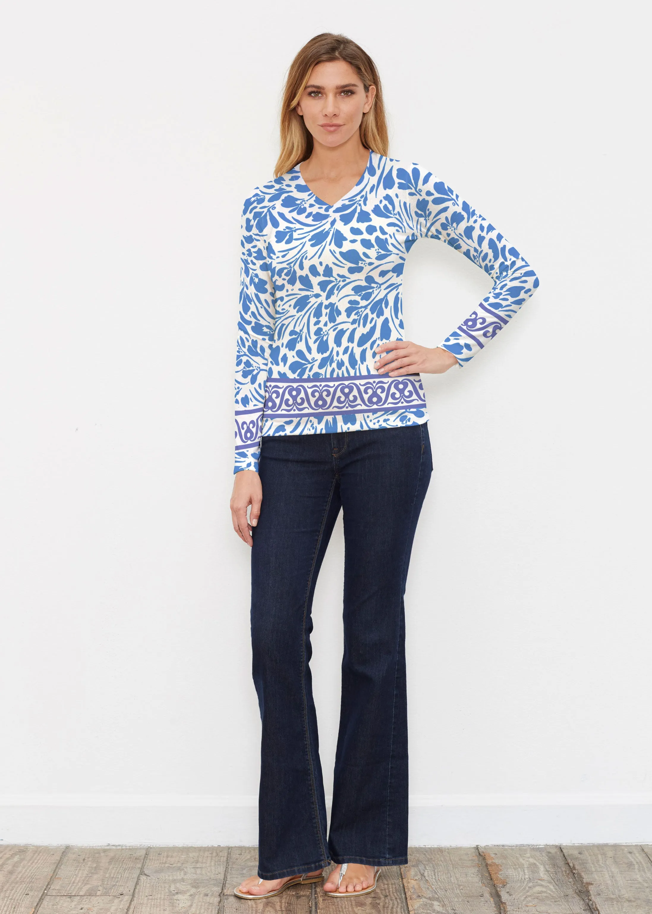 Ditsy Royal (7930) ~ Butterknit Long Sleeve V-Neck Top
