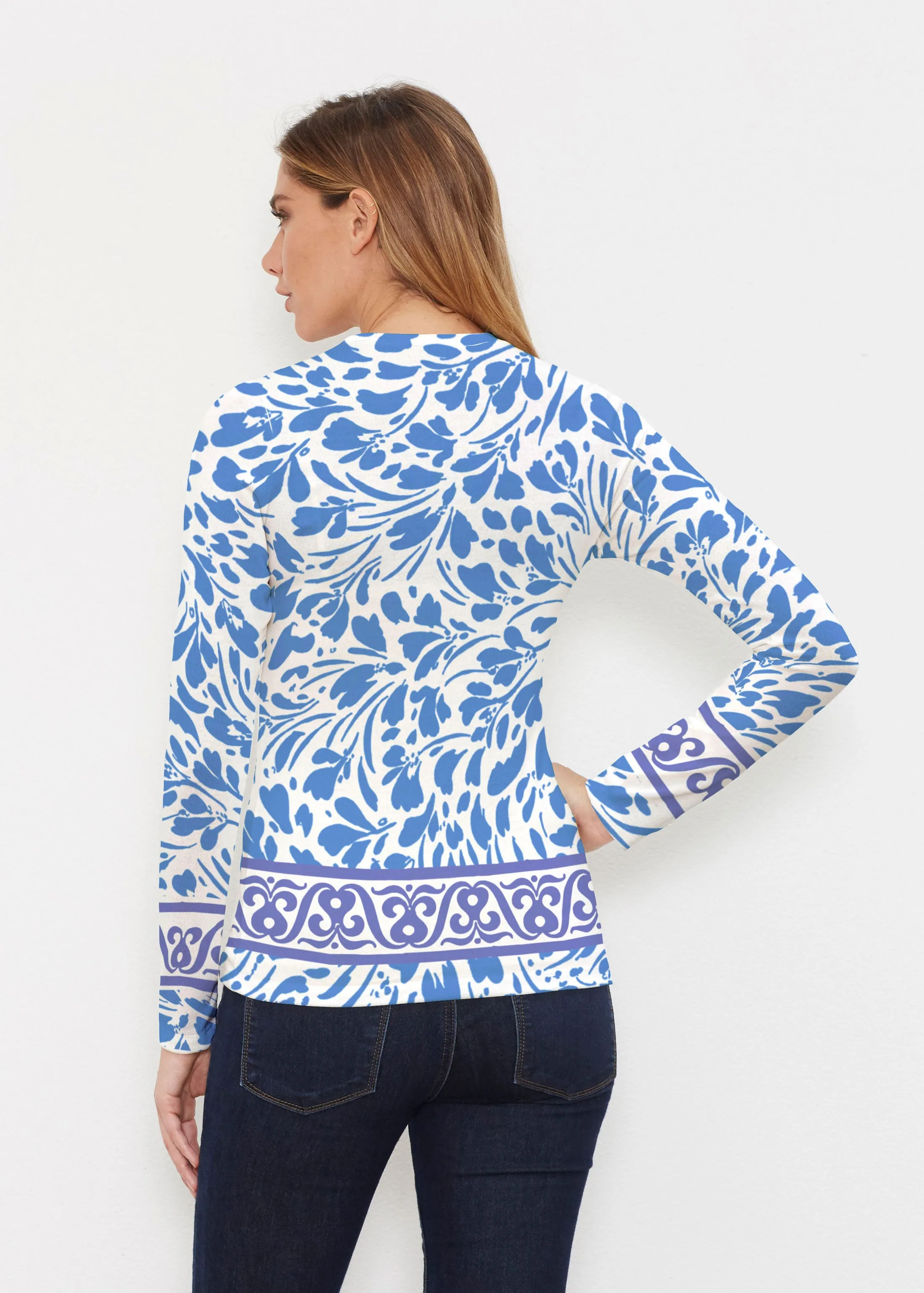Ditsy Royal (7930) ~ Butterknit Long Sleeve V-Neck Top