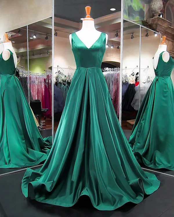 Elegant Black Satin Prom Dresses V-Neckline 2018 New Long Prom Gowns for Party